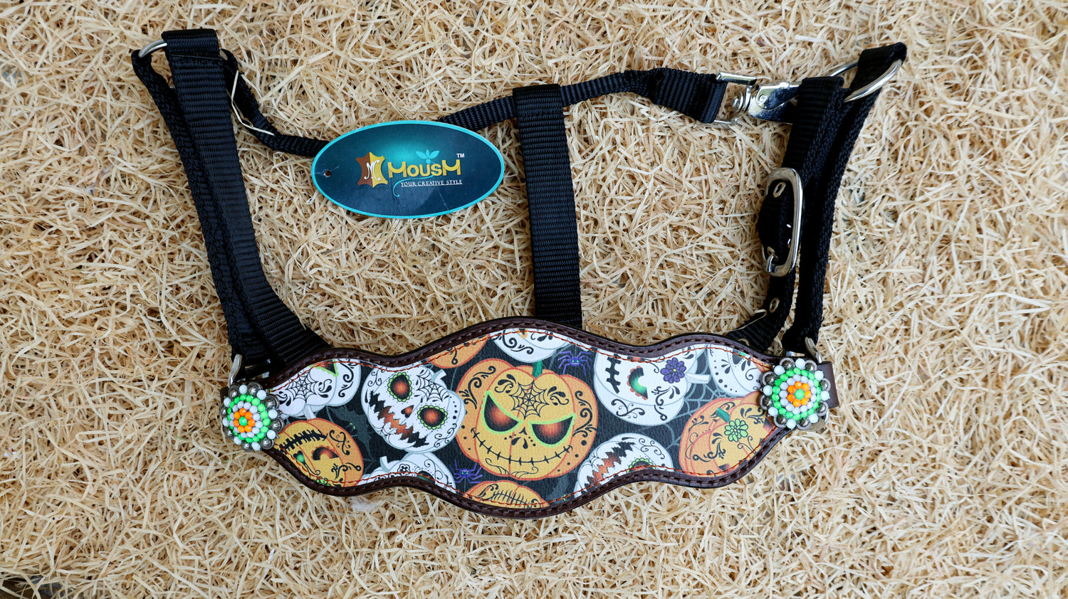 Bronc halter for horse with spooky pumpkin print western horse tack