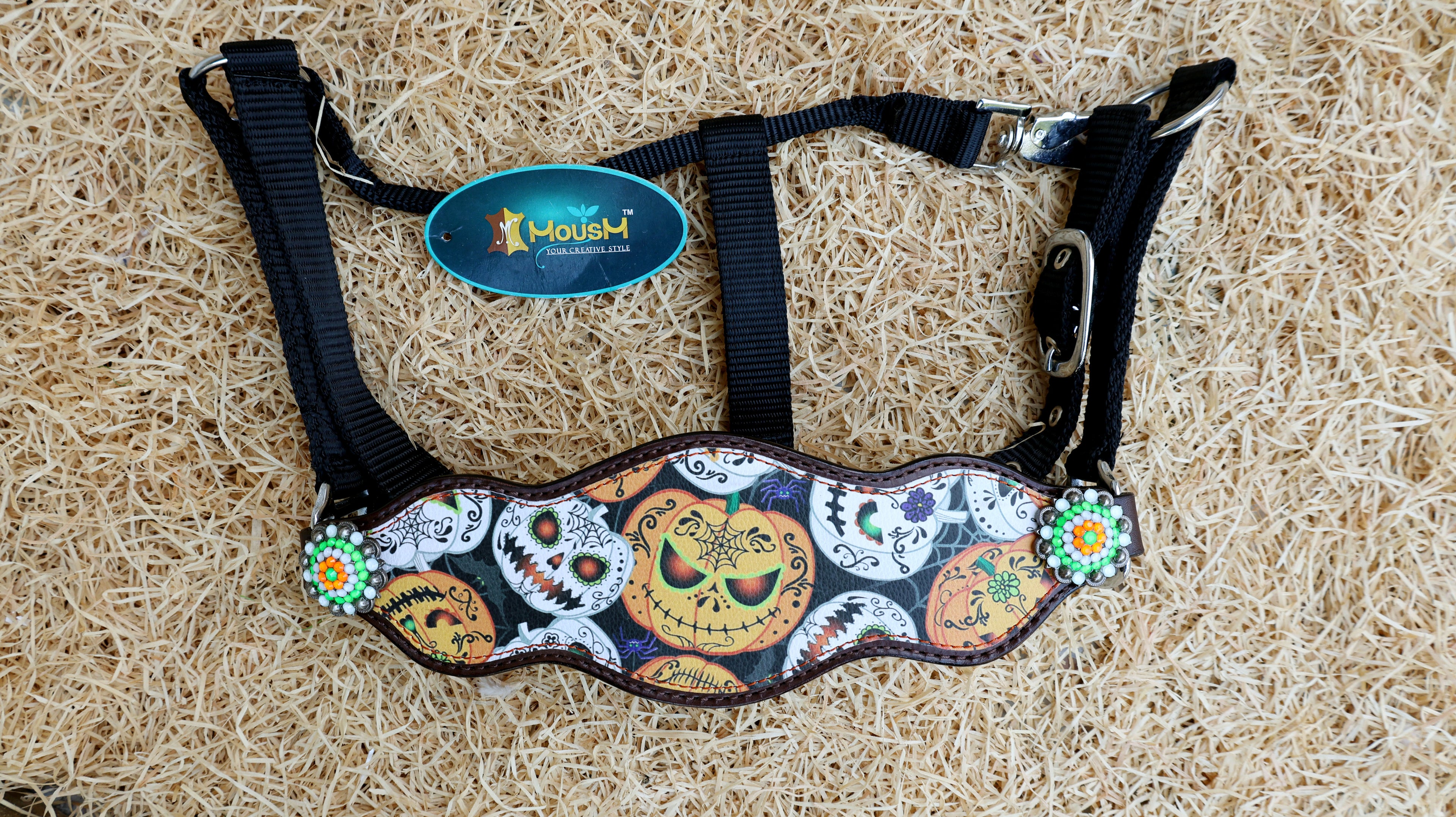 Bronc halter for horse with spooky pumpkin print western horse tack