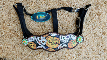 Bronc halter for horse with spooky pumpkin print western horse tack