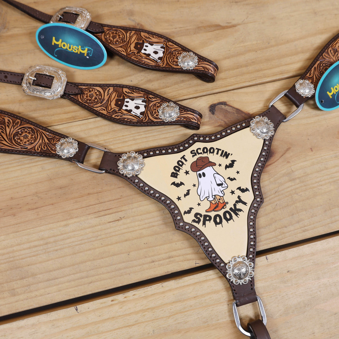 spooky boot scootin print breast collar with silver buds and ghost engraving 
