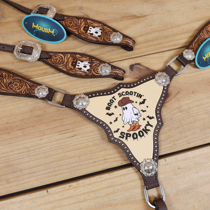 spooky boot scootin print breast collar with silver buds and ghost engraving 