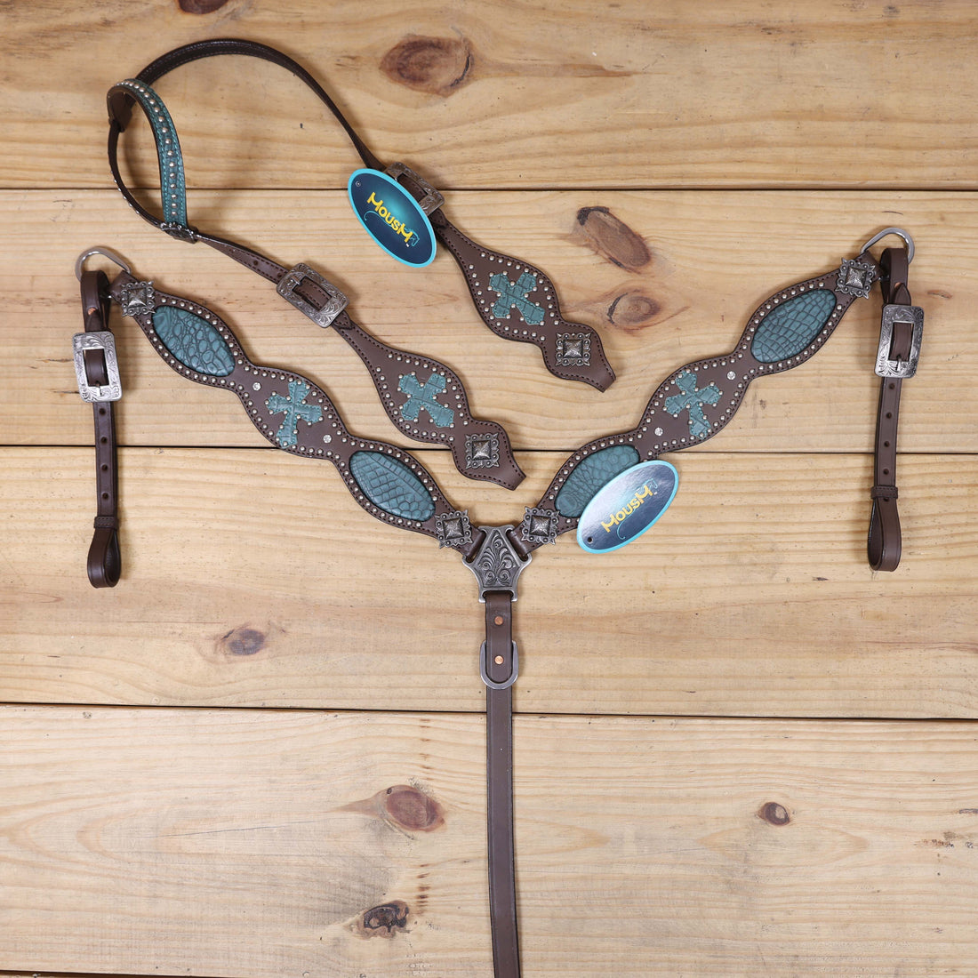 mousm turquoise alligator inlay western headstall and breast collar set with cross patch design and square berry conchos