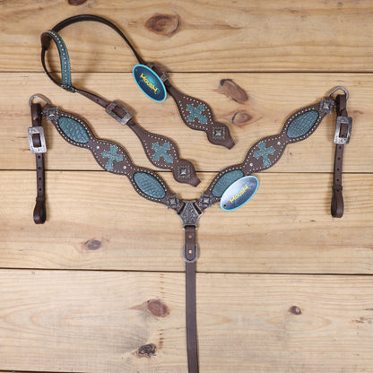mousm turquoise alligator inlay western headstall and breast collar set with cross patch design and square berry conchos