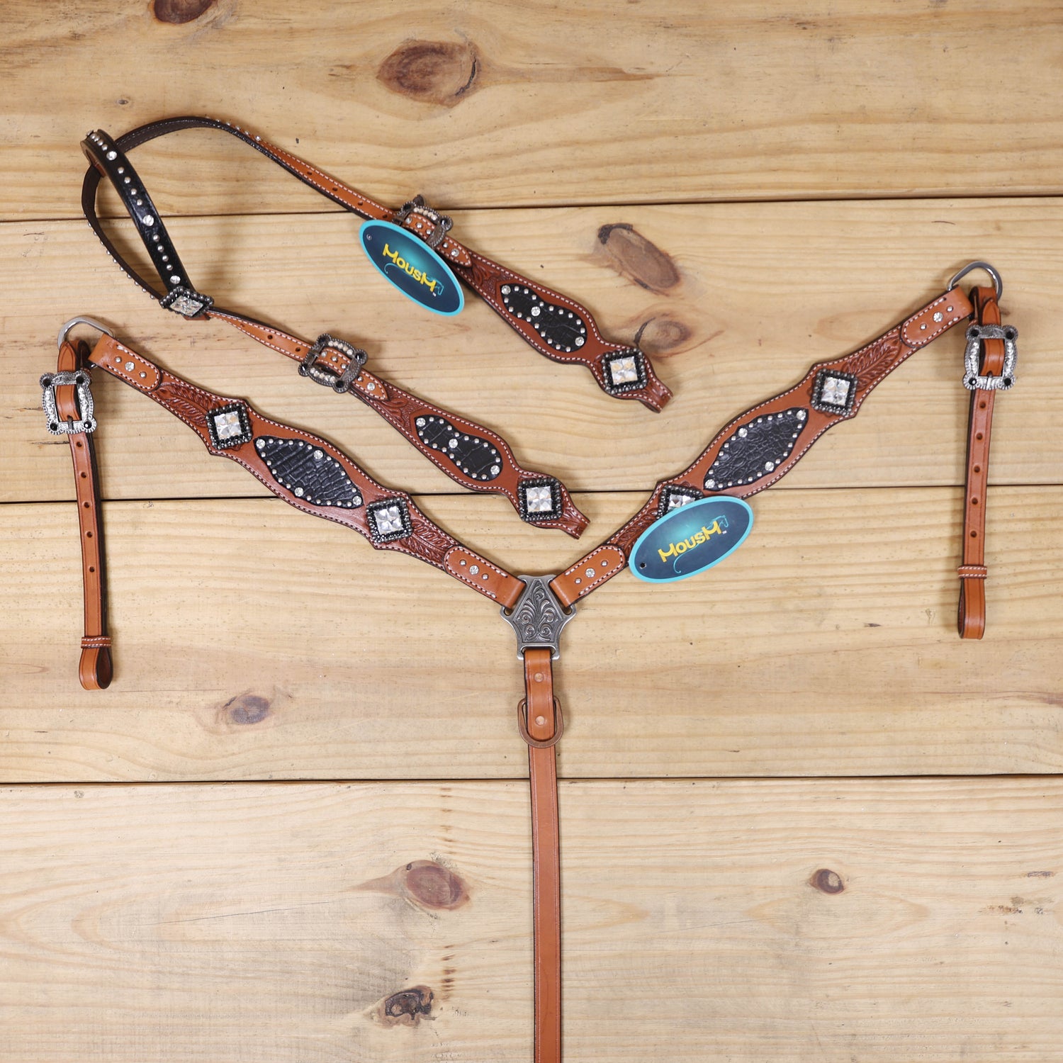 brown and black alligator western headstall and breast collar set chestnut leather with turquoise flower conchos 