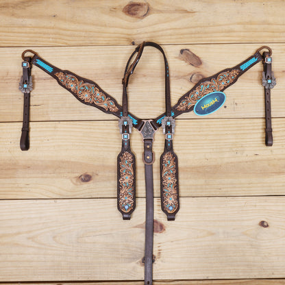 one ear design western headstall set featuring flower filigree carving with turquoise leather inlay and criss cross braiding 