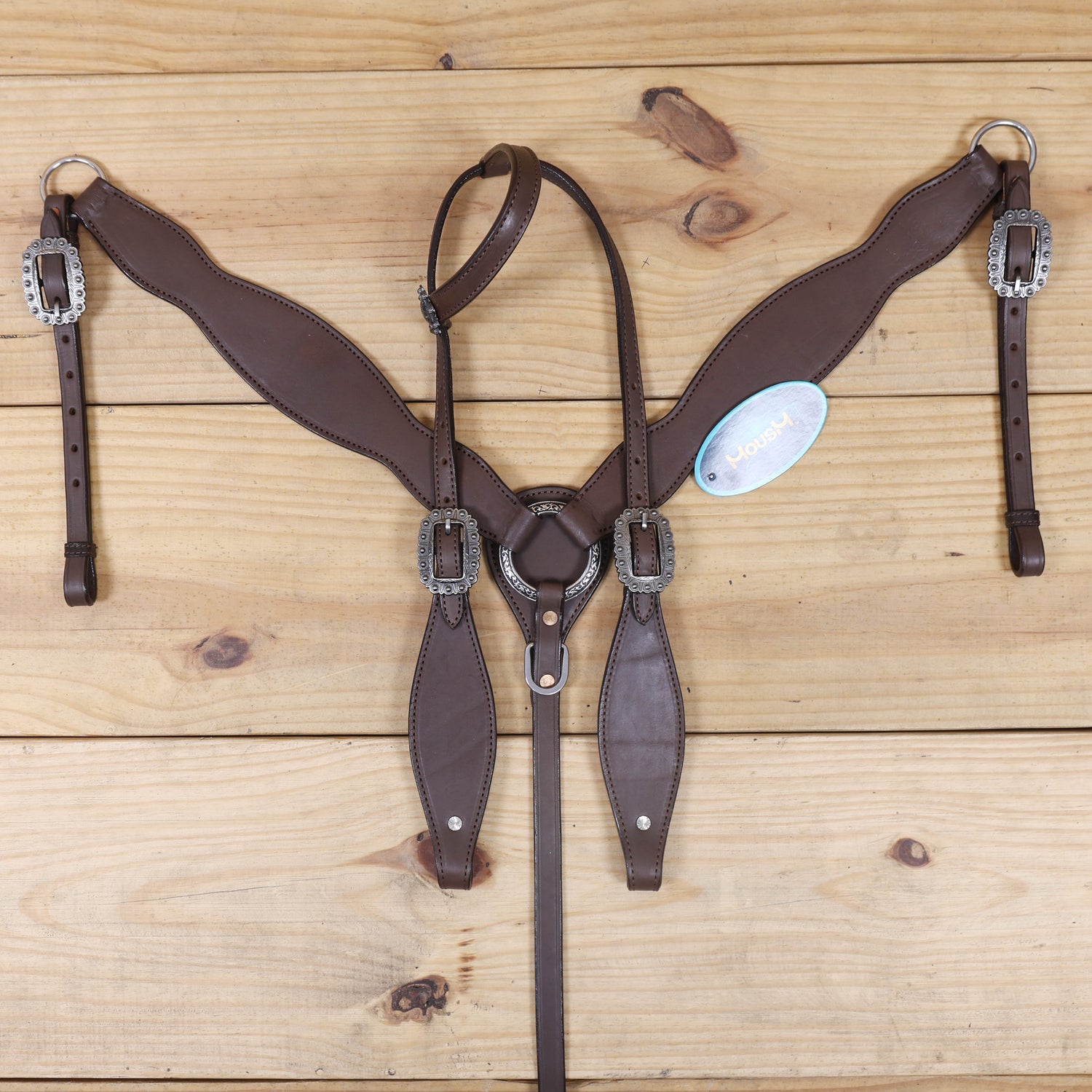 plain brown leather headstall and breast collar, and strong antique nickel hardware.