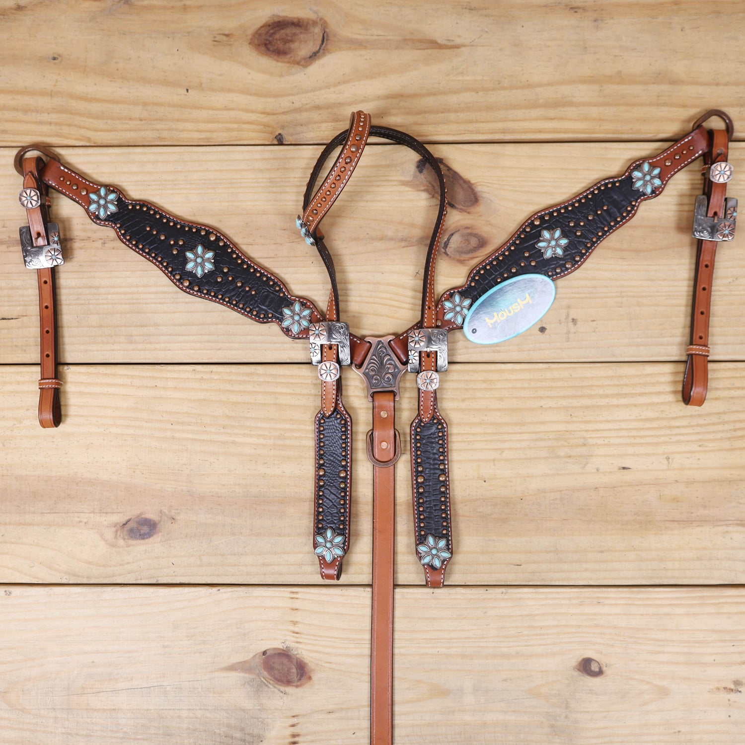 mousm western headstall tack set with chestnut leather and black alligator texture and flower shaped conchos