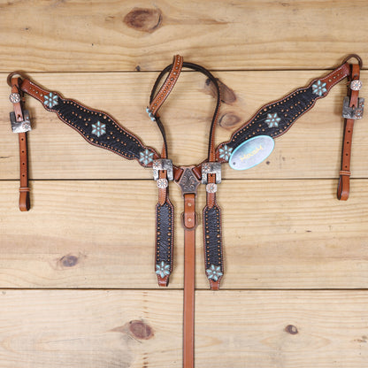 mousm western headstall tack set with chestnut leather and black alligator texture and flower shaped conchos