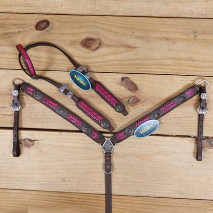pink arrow style rawhide braided horse headstall Set