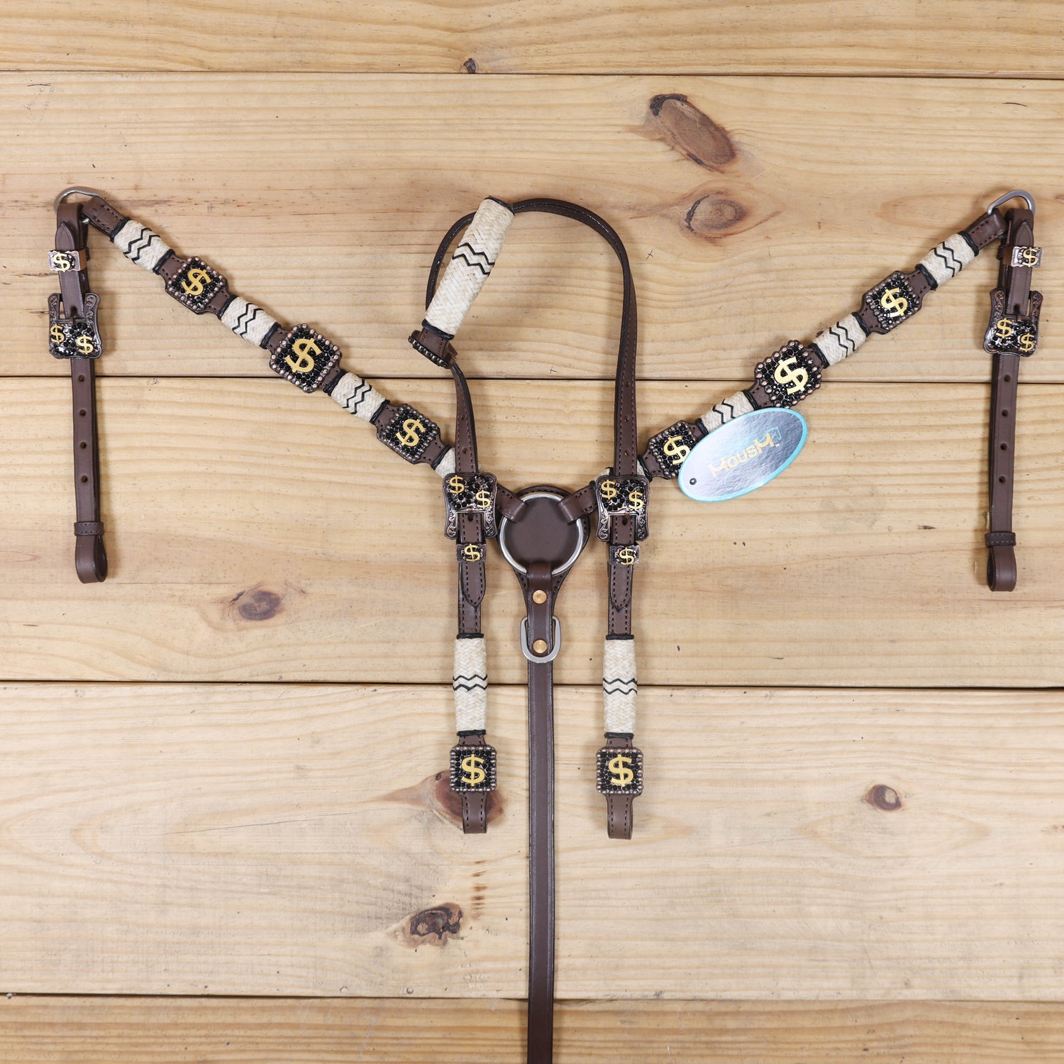 black leather headstall and breast collar with rawhide knotting and antique copper finish