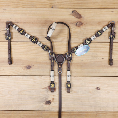 black leather headstall and breast collar with rawhide knotting and antique copper finish