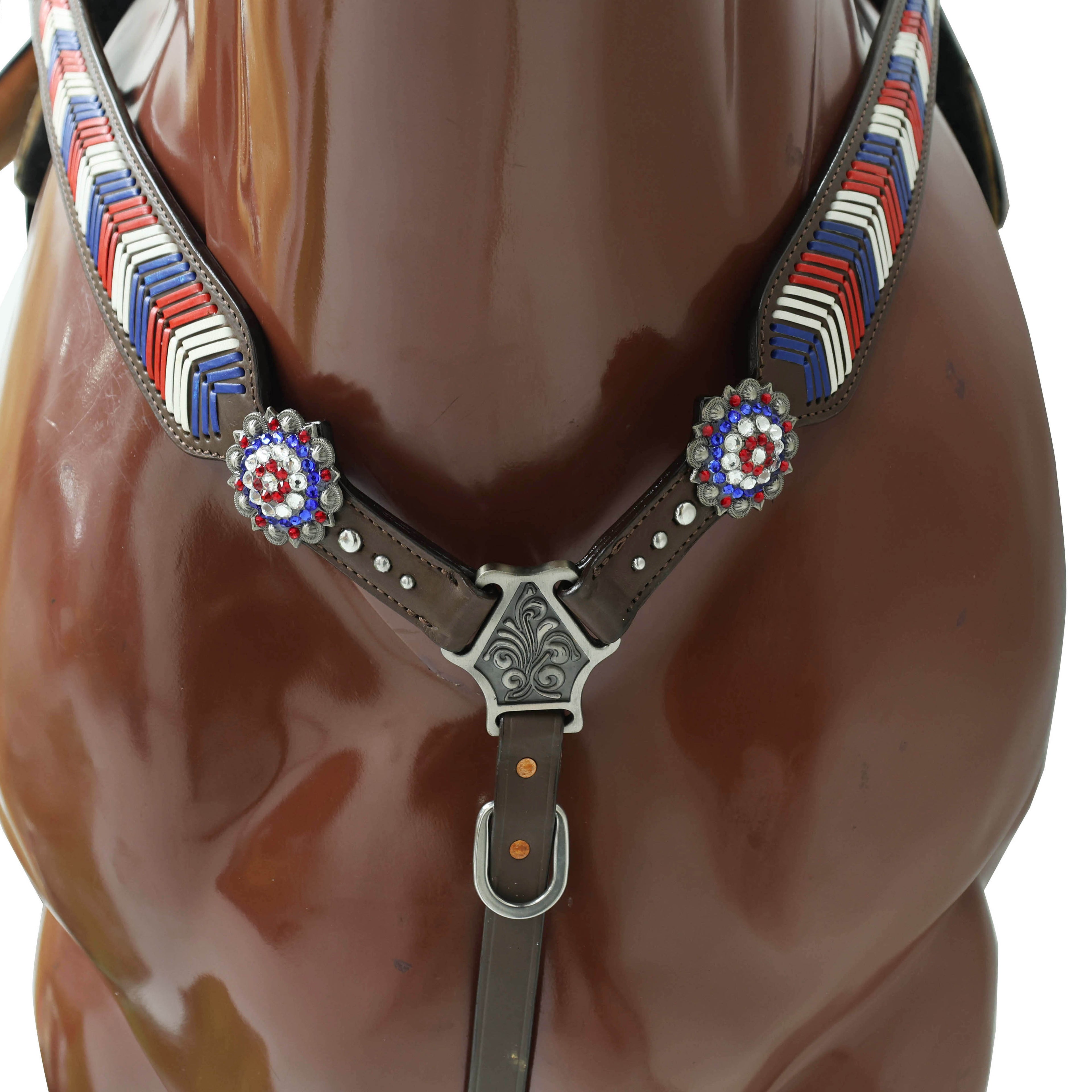 horse breast collar with rawhide barided usa flag design in red, white, and blue