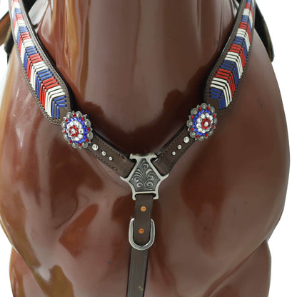 horse breast collar with rawhide barided usa flag design in red, white, and blue