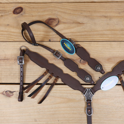Western headstall and breast collar featuring plain brown leather and cherry braided accents