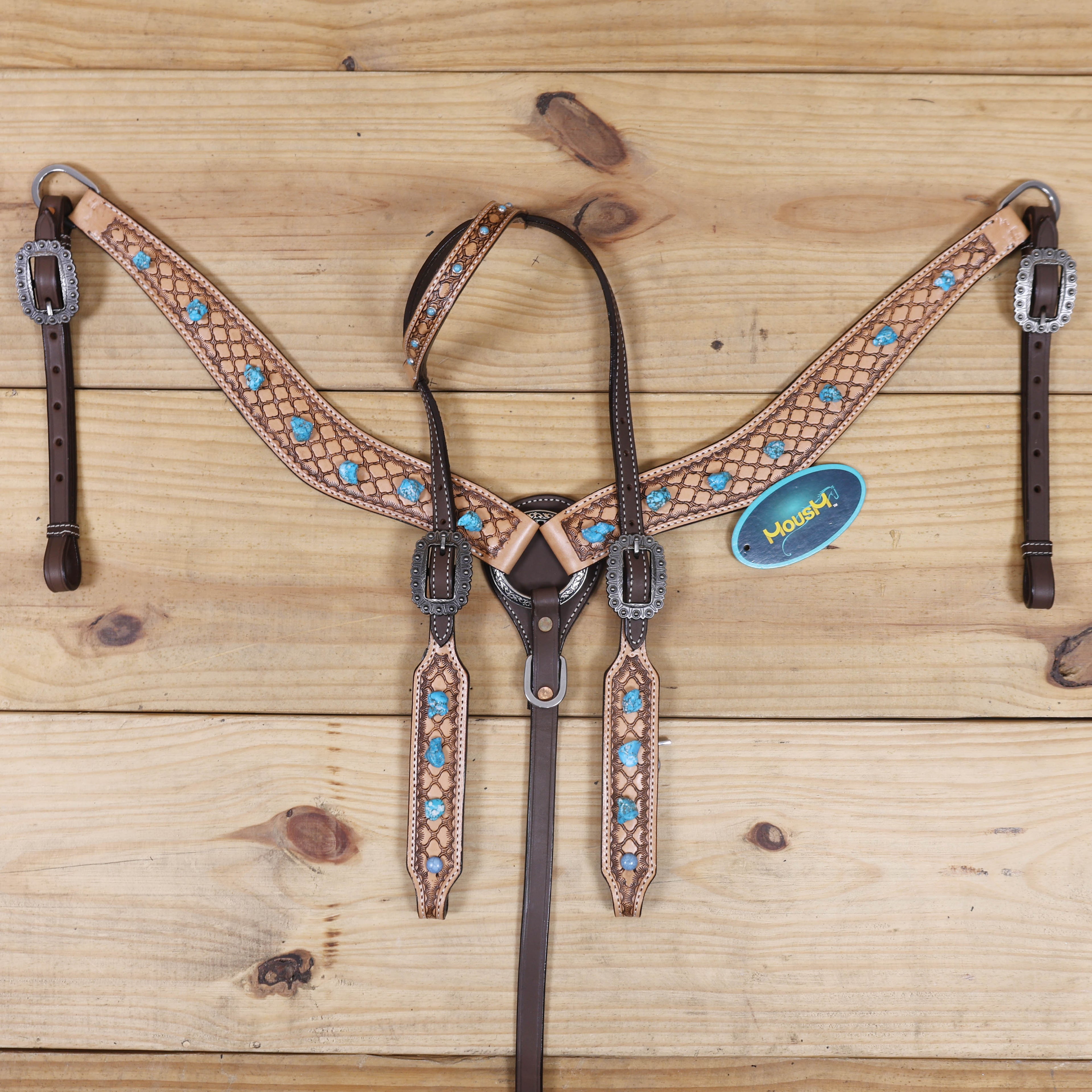 Handcrafted Argentina cow leather headstall with antique finish and detailed window tooling design
