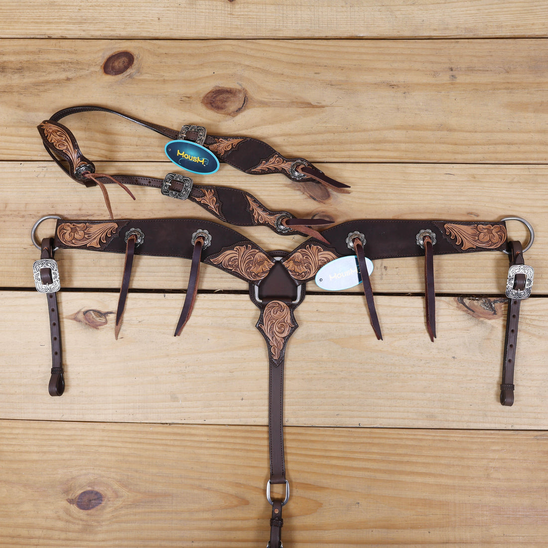 Western leather headstall and breast collar set with burgundy leashes and two-tone leather