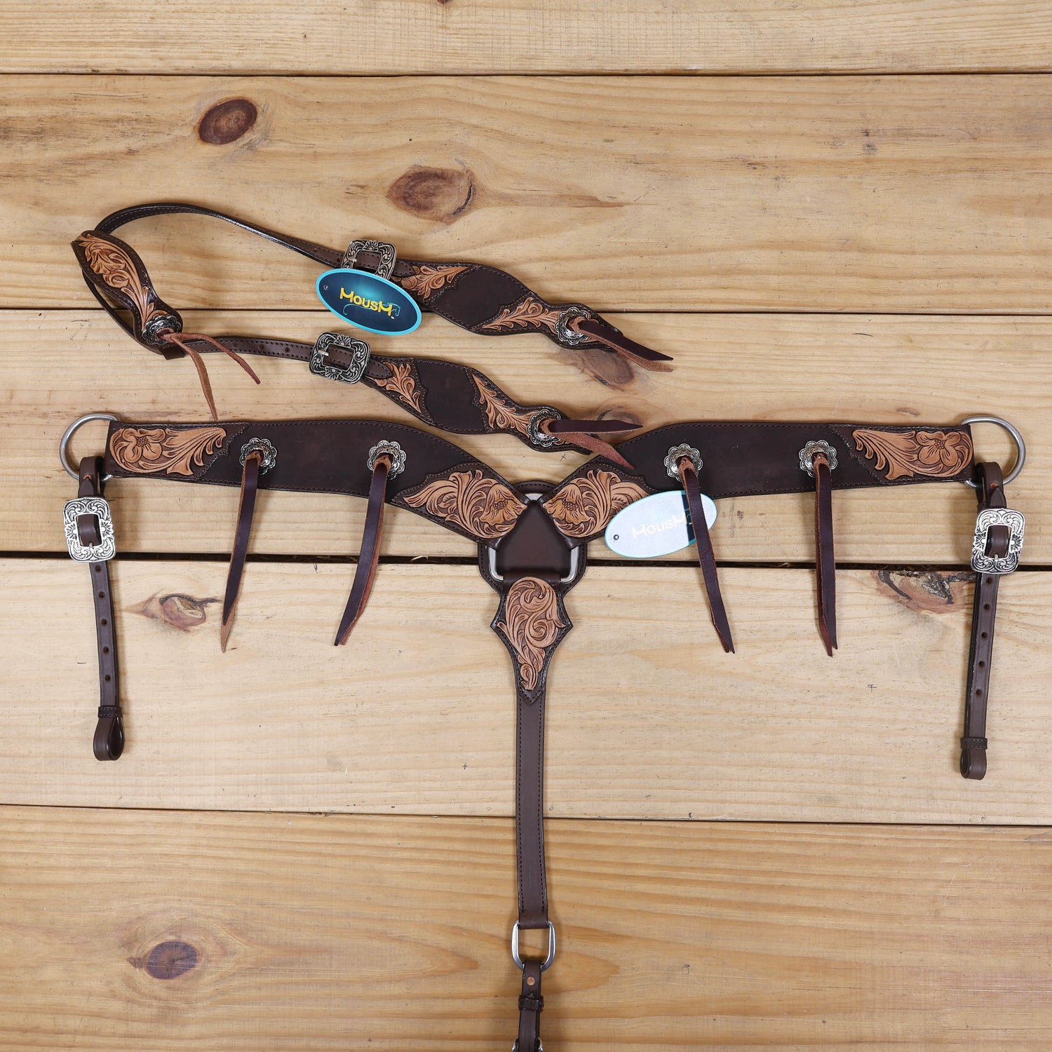 Western leather headstall and breast collar set with burgundy leashes and two-tone leather