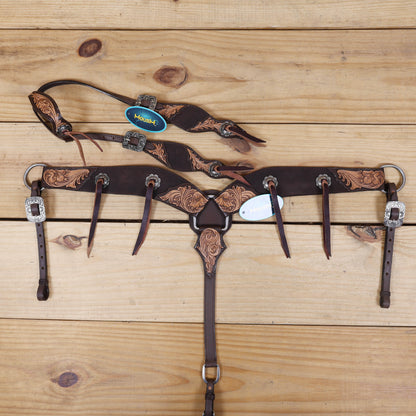 Western leather headstall and breast collar set with burgundy leashes and two-tone leather