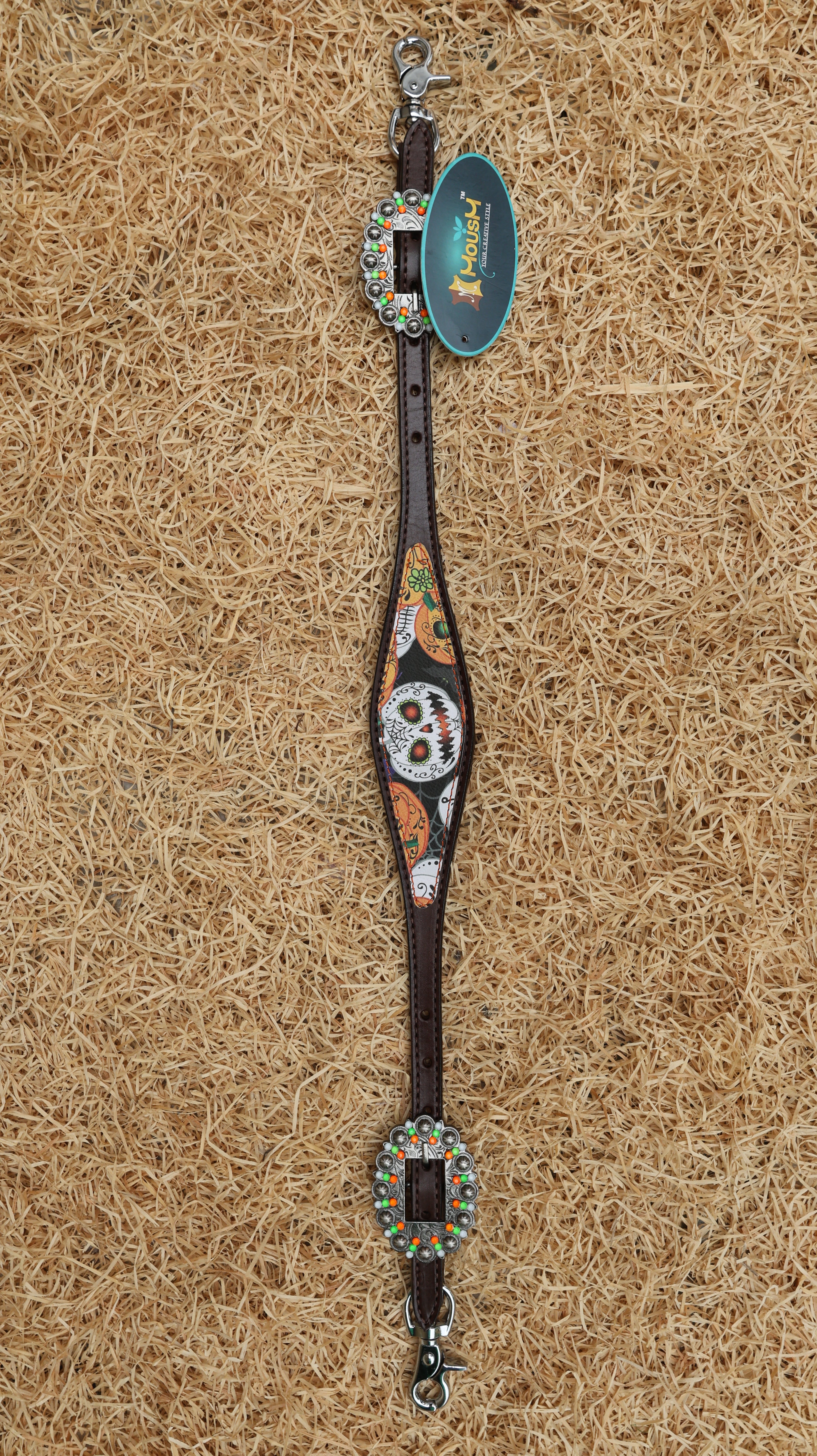 Spooky western horse tack with pumpkin print tack, wither strap for horse