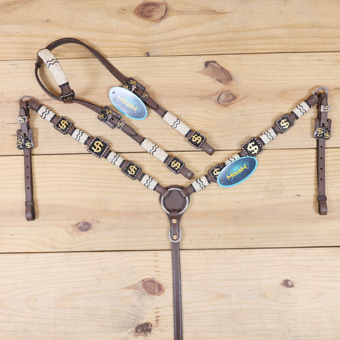 Western headstall and breast collar set with rawhide knotting and 3D golden Dollar conchos