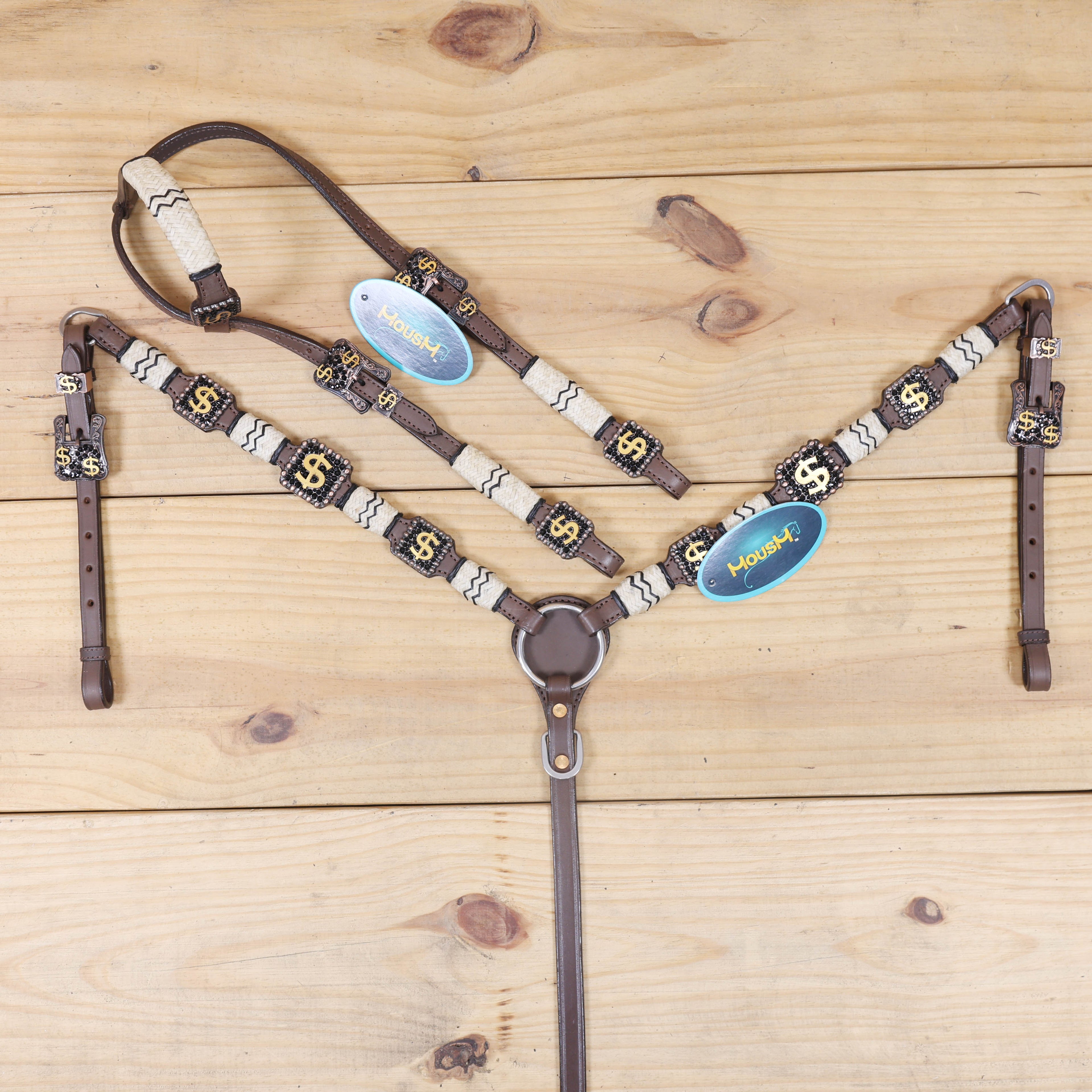 Western headstall and breast collar set with rawhide knotting and 3D golden Dollar conchos