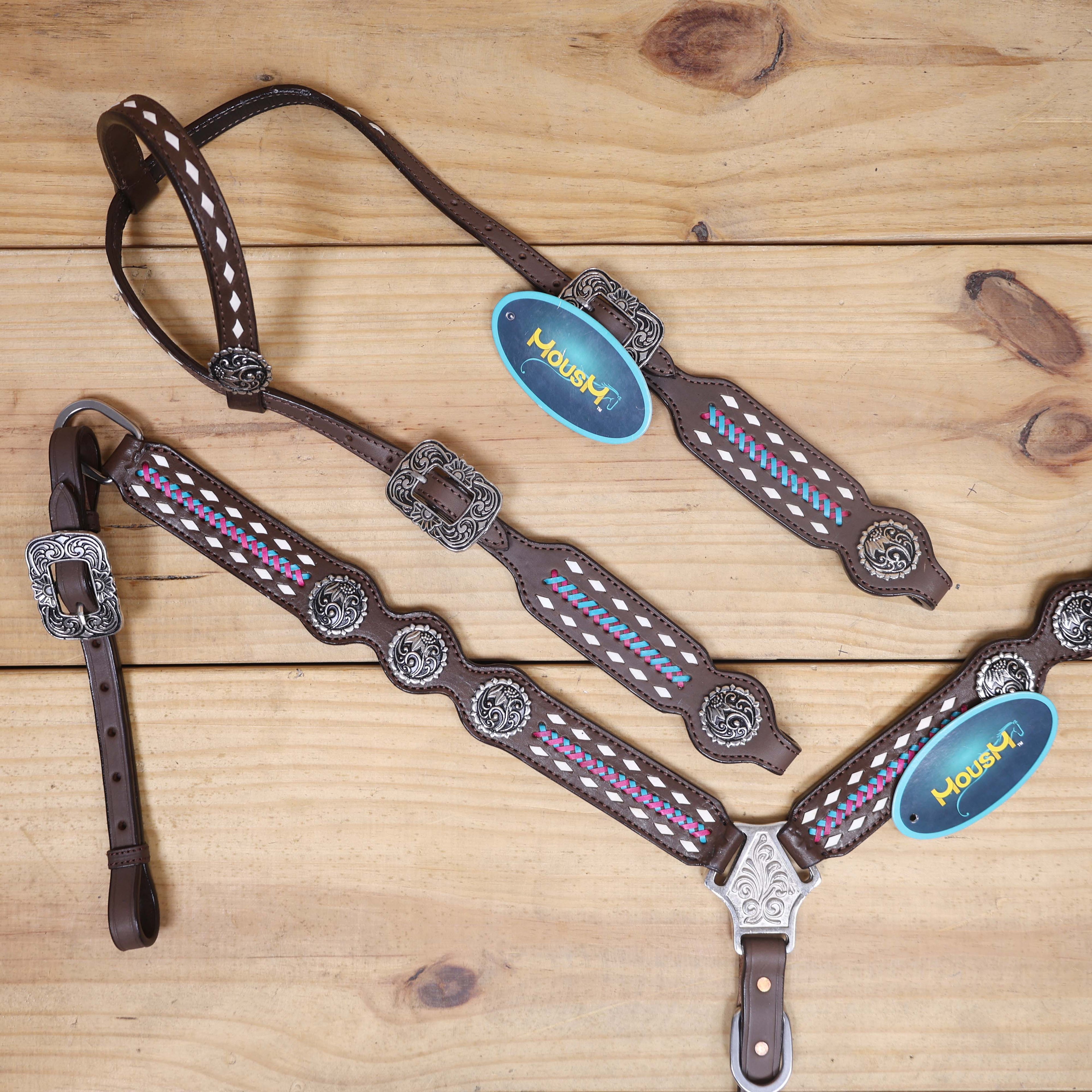 western headstall set with white rawhide braided leather tack set with antique finish and copper rivet buckles 
