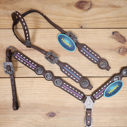 western headstall set with white rawhide braided leather tack set with antique finish and copper rivet buckles 
