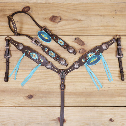 western headstall set one ear design with tooling and golden buck stitching 