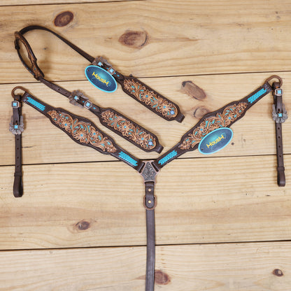 western headstall tack set with flower filigree carving and criss cross rawhide braiding