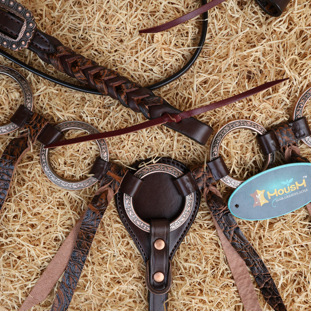 Leopard Leather Fringe Ring Headstall and Breast Collar Set