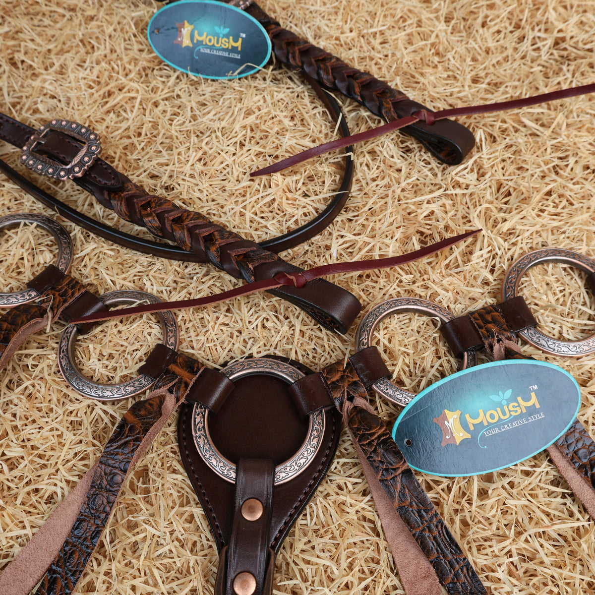 Leopard Leather Fringe Ring Headstall and Breast Collar Set