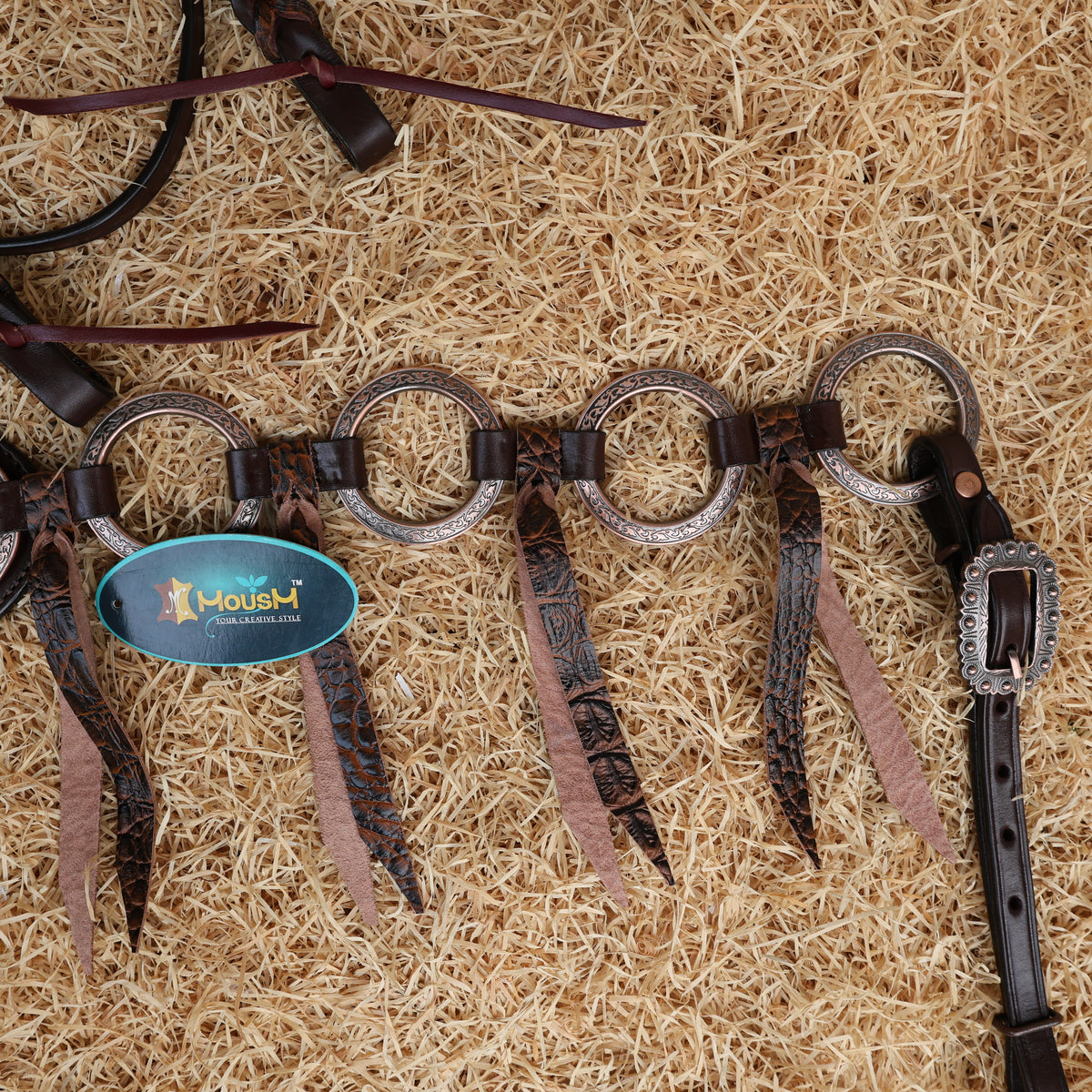 Leopard Leather Fringe Ring Headstall and Breast Collar Set