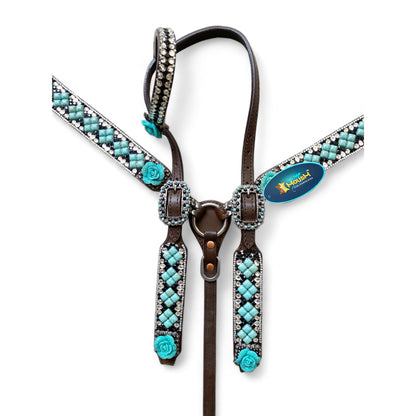 MOUSM Argentina Cow Leather Headstall &amp; Breast Collar Set – Western Horse Tack Decorated with Turquoise Stone and Shining Rhinestones Work and  3D Rose Flower