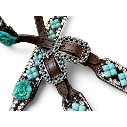 MOUSM Argentina Cow Leather Headstall &amp; Breast Collar Set – Western Horse Tack Decorated with Turquoise Stone and Shining Rhinestones Work and  3D Rose Flower