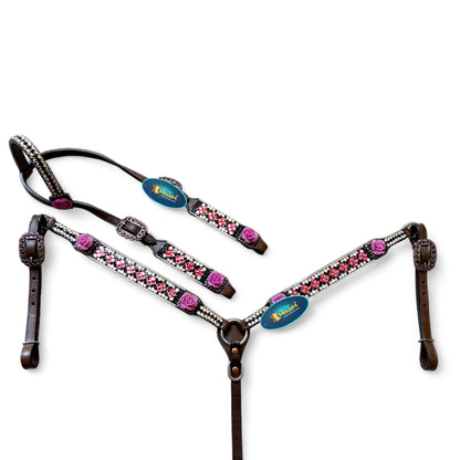 MOUSM Argentina Cow Leather Headstall &amp; Breast Collar Set – Western Horse Tack with 3D Pink Rose &amp; Full Rhinestone Work