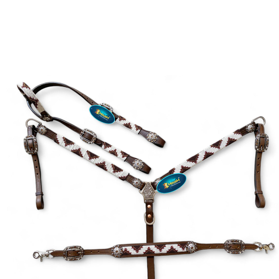 MOUSM Western Headstall and Breast Collar Tack Set with Wither Strap – Decorated with Hand-Beaded Leather Tack with Rhinestone Conchos
