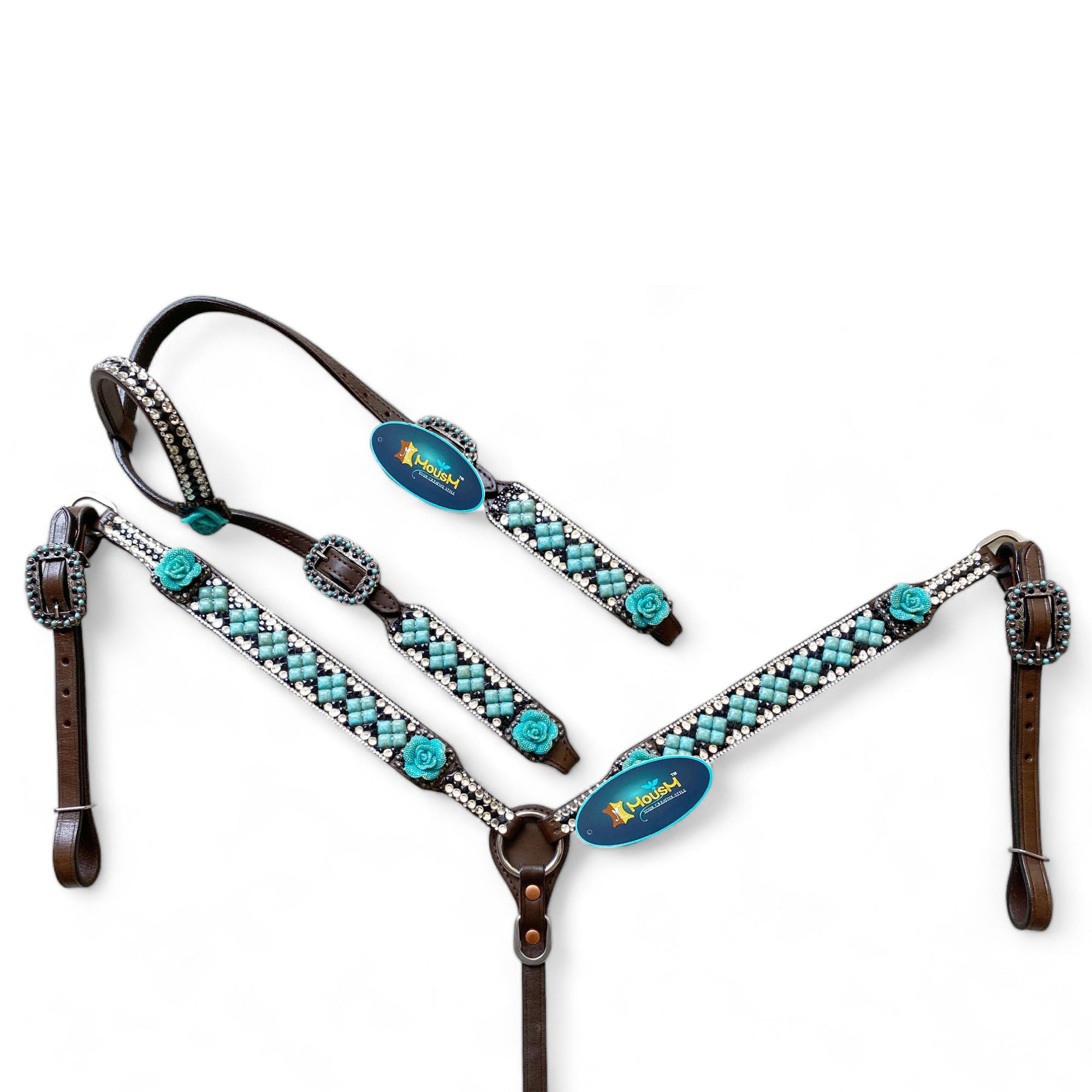 MOUSM Argentina Cow Leather Headstall &amp; Breast Collar Set – Western Horse Tack Decorated with Turquoise Stone and Shining Rhinestones Work and  3D Rose Flower