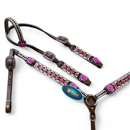 MOUSM Argentina Cow Leather Headstall &amp; Breast Collar Set – Western Horse Tack with 3D Pink Rose &amp; Full Rhinestone Work