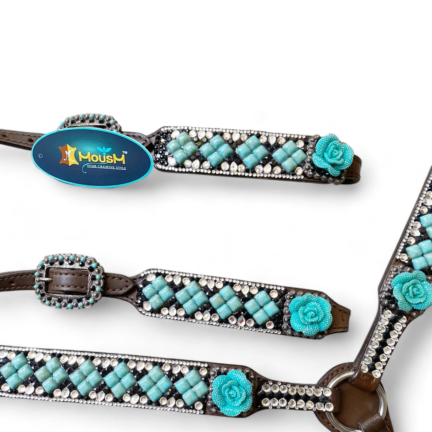 MOUSM Argentina Cow Leather Headstall &amp; Breast Collar Set – Western Horse Tack Decorated with Turquoise Stone and Shining Rhinestones Work and  3D Rose Flower