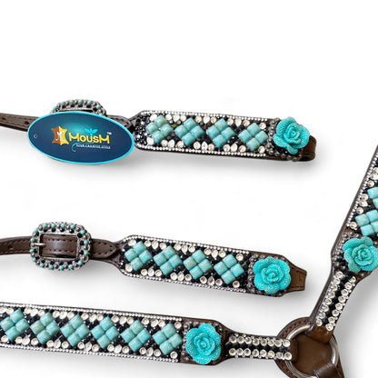 MOUSM Argentina Cow Leather Headstall &amp; Breast Collar Set – Western Horse Tack Decorated with Turquoise Stone and Shining Rhinestones Work and  3D Rose Flower