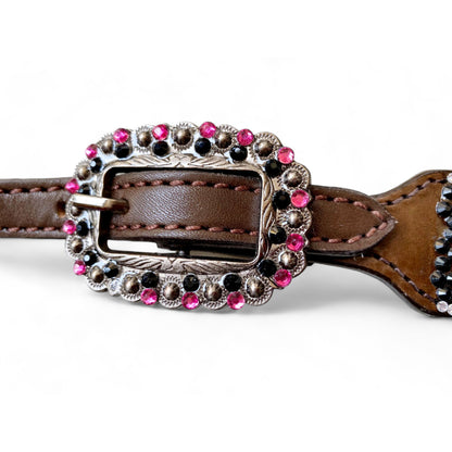 MOUSM Argentina Cow Leather Headstall &amp; Breast Collar Set – Western Horse Tack with 3D Pink Rose &amp; Full Rhinestone Work