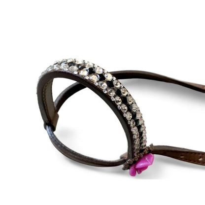 MOUSM Argentina Cow Leather Headstall &amp; Breast Collar Set – Western Horse Tack with 3D Pink Rose &amp; Full Rhinestone Work