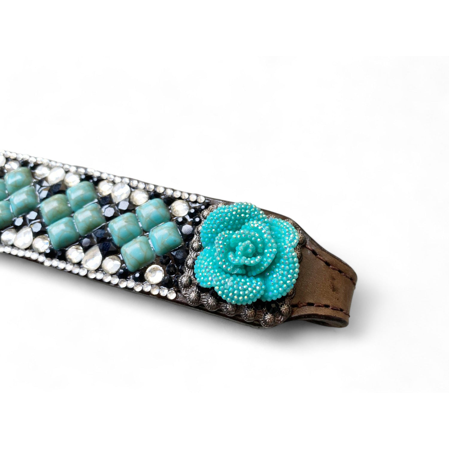 MOUSM Argentina Cow Leather Headstall &amp; Breast Collar Set – Western Horse Tack Decorated with Turquoise Stone and Shining Rhinestones Work and  3D Rose Flower