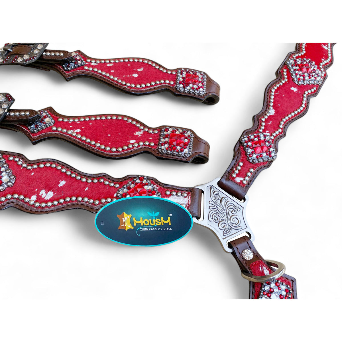 Red Acid Wash Cowhide Headstall and Breast Collar Set