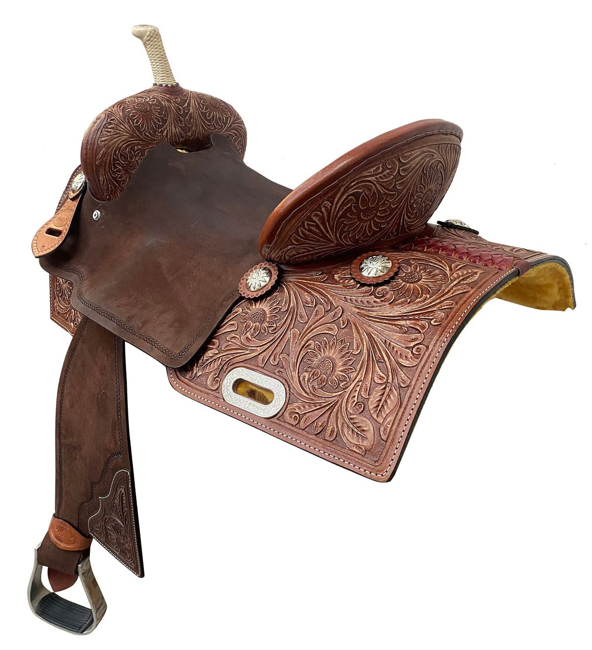 MOUSM Western Horse Saddle – Handcrafted Barrel Saddle Built on a Rawhide-Covered Fiber Tree with Hand-Tooled Sunflower Design &amp; Fancy Conchos, Seat Sizes: 13"–17" Inches