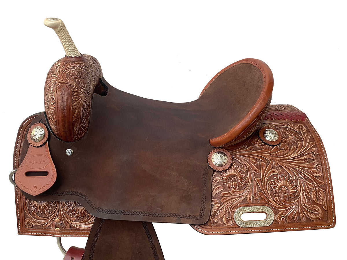 MOUSM Western Horse Saddle – Handcrafted Barrel Saddle Built on a Rawhide-Covered Fiber Tree with Hand-Tooled Sunflower Design &amp; Fancy Conchos, Seat Sizes: 13"–17" Inches