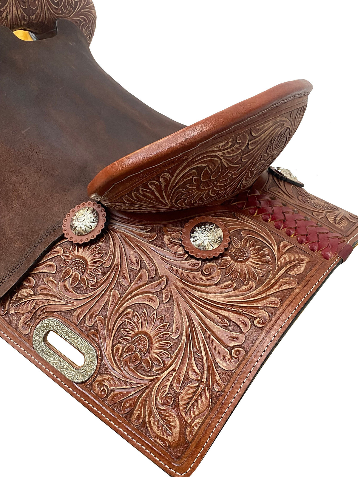 MOUSM Western Horse Saddle – Handcrafted Barrel Saddle Built on a Rawhide-Covered Fiber Tree with Hand-Tooled Sunflower Design &amp; Fancy Conchos, Seat Sizes: 13"–17" Inches