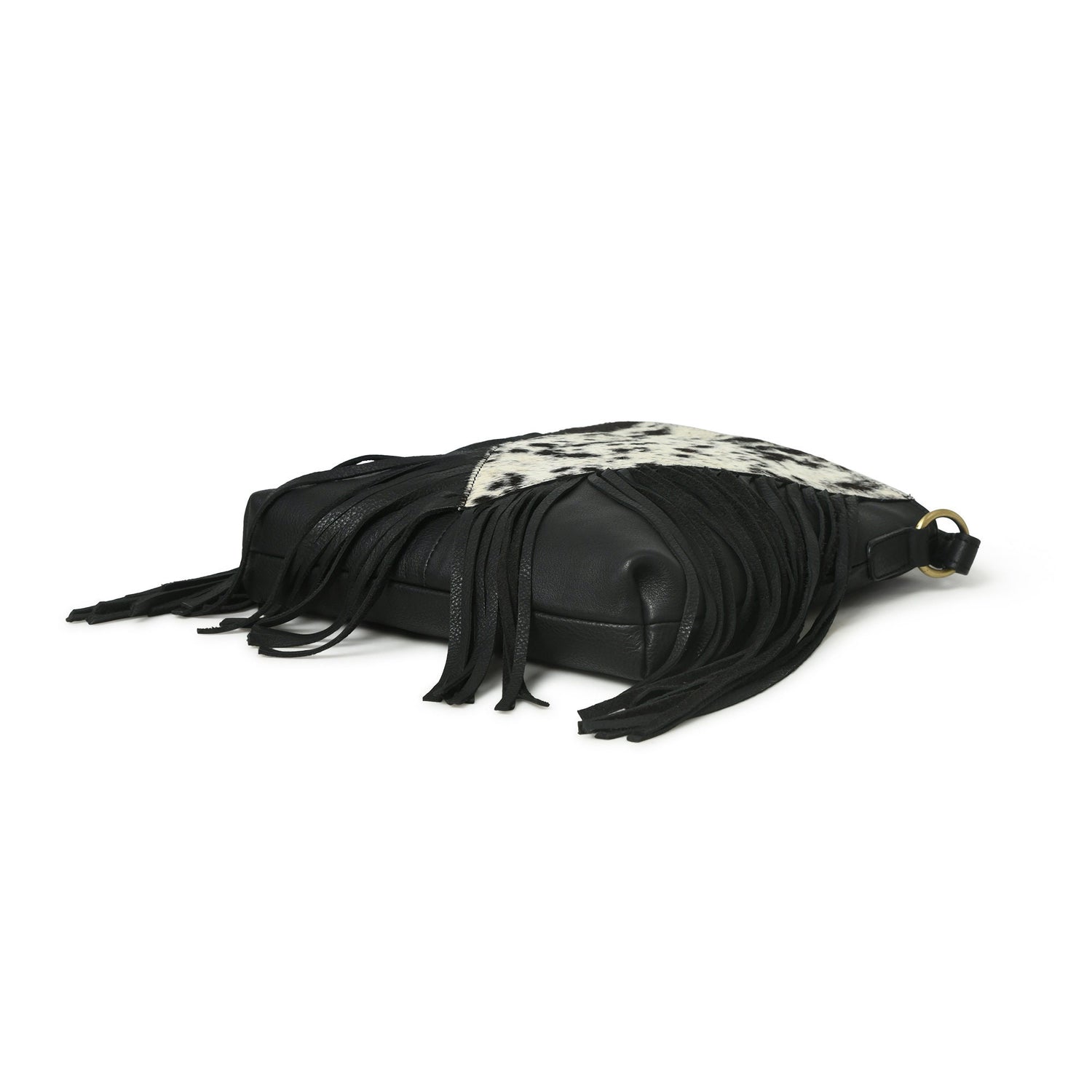 MOUSM Genuine Leather Ladies Shoulder Bag - Decorated with Large Inverted Triangle Hair-On Cow Hide Patch Leather Bags with Long Black Leather Fringe, High-Quality Zipper Closure with Adjustable Strap