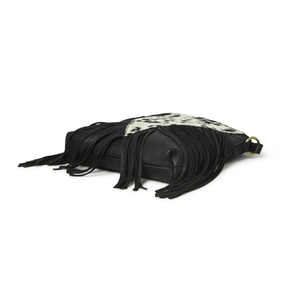 MOUSM Genuine Leather Ladies Shoulder Bag - Decorated with Large Inverted Triangle Hair-On Cow Hide Patch Leather Bags with Long Black Leather Fringe, High-Quality Zipper Closure with Adjustable Strap