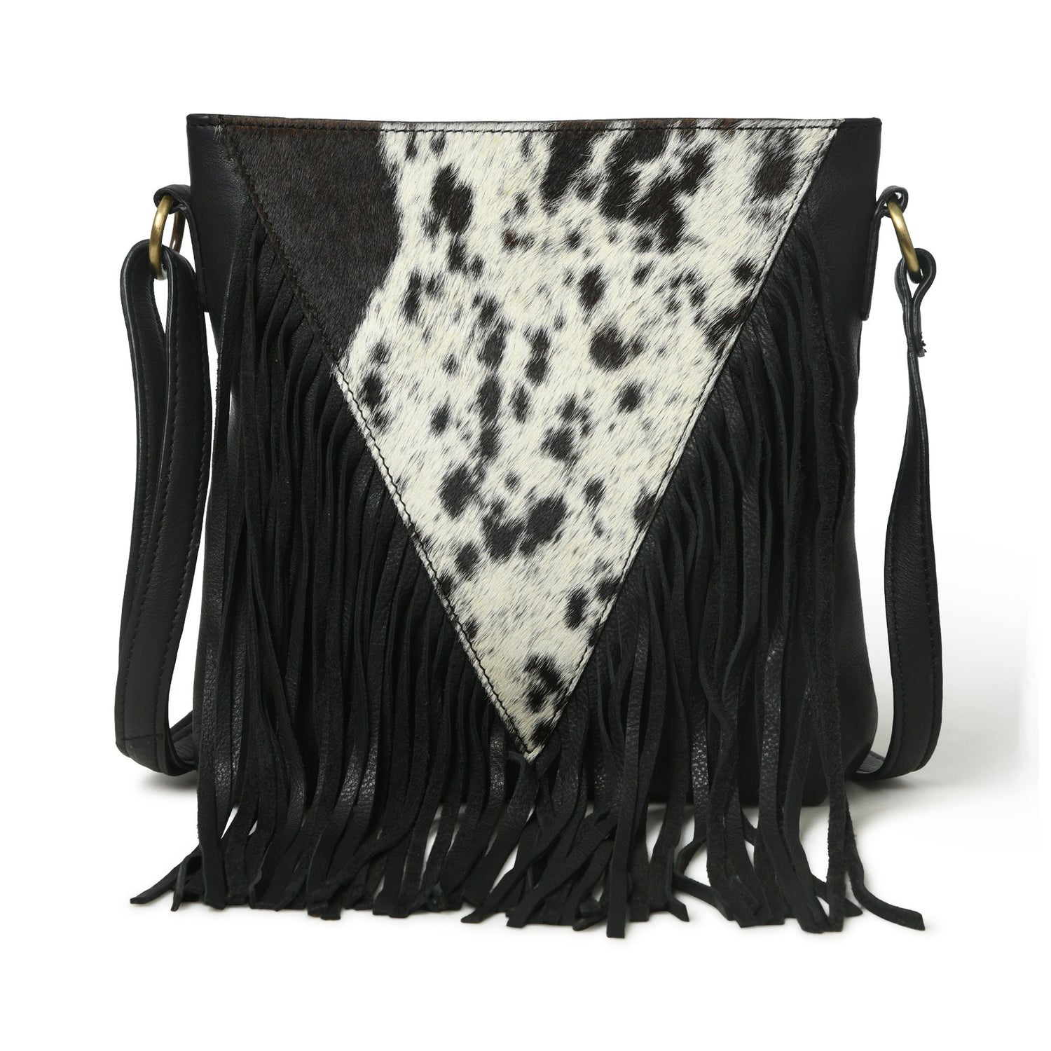MOUSM Genuine Leather Ladies Shoulder Bag - Decorated with Large Inverted Triangle Hair-On Cow Hide Patch Leather Bags with Long Black Leather Fringe, High-Quality Zipper Closure with Adjustable Strap